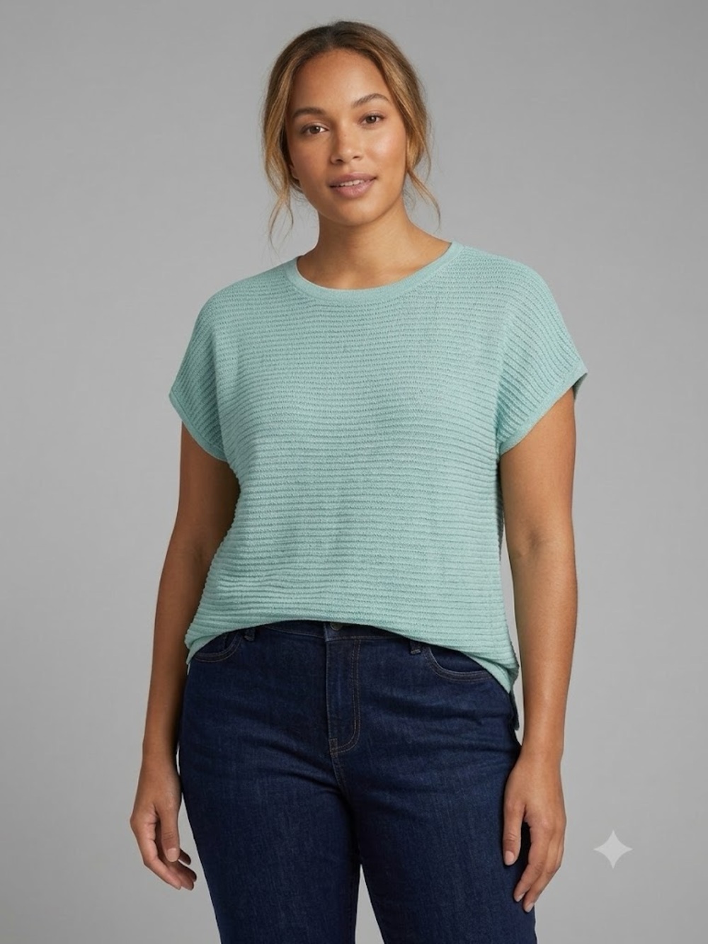J. Jill Wearever Seafoam Green Mint Sage Textured Knit Cap Sleeve Top Size XL